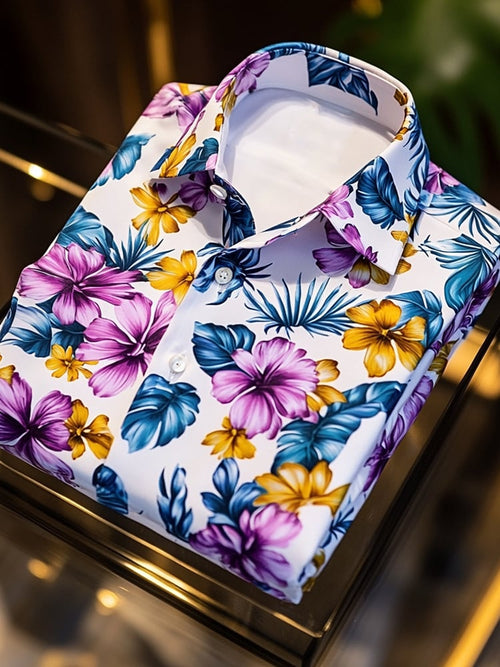 Men's Satin Luxe Hawaiian Purple Flower Print Short Sleeve Button Shirt