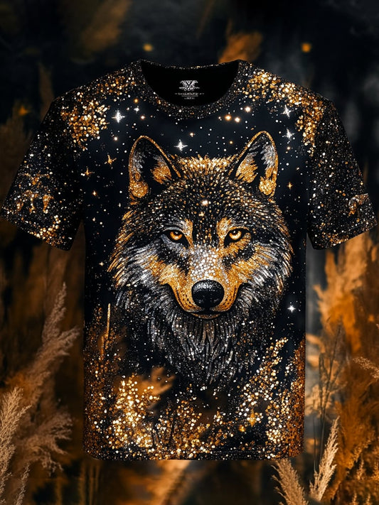 Men's Sequin Business Wolf Print Short Sleeve T-Shirt