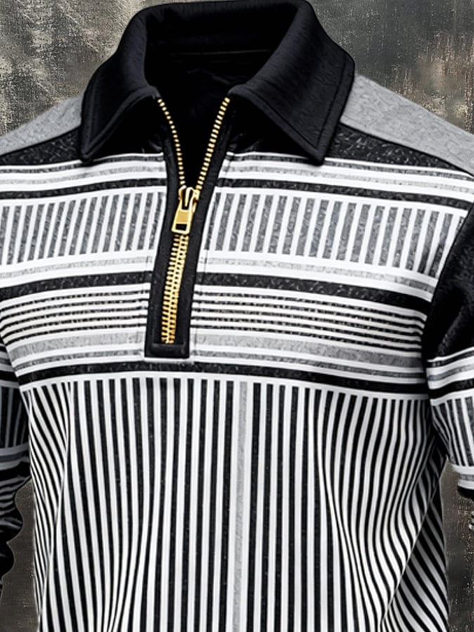 Men's Retro Color Block Print Zipper Sweatshirt