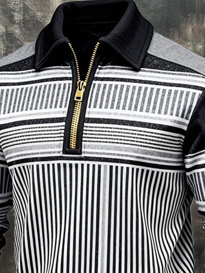 Men's Retro Color Block Print Zipper Sweatshirt