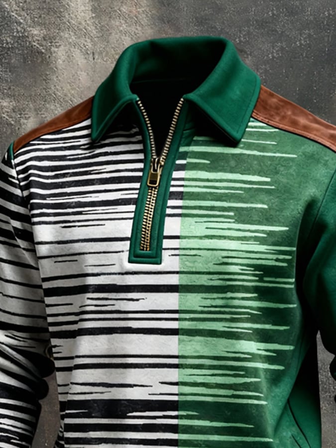Men's Retro Color Block Print Color-Blocked Zip-Up Sweatshirt