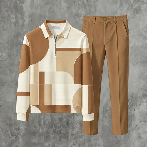 Men's Printed Zipper Polo Shirt and Pants Set