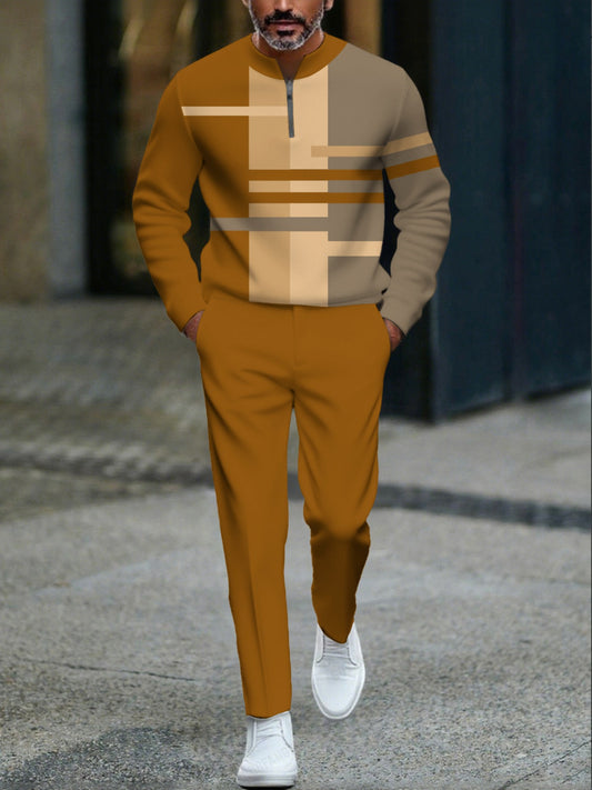 Men's Casual Ginger Yellow Color Matching Geometric Printed Round-Neck Zipper Long Sleeved Tops & Trousers Two-Piece Set