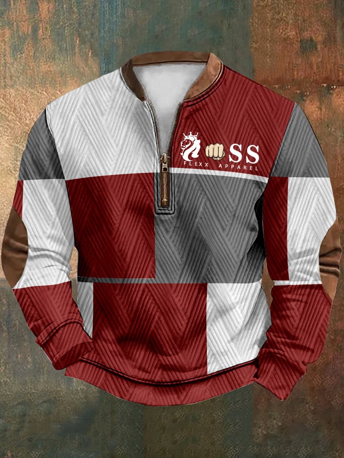 Men's Retro Lettering Design Zipper Neck Knit Sweatshirt