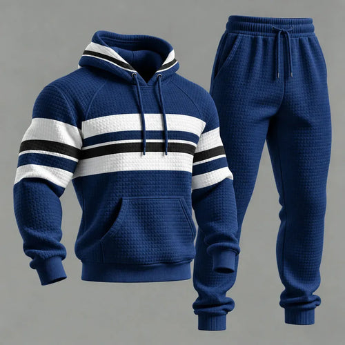 Men's Striped Print Hooded Sweatshirt and Sweatpants Set