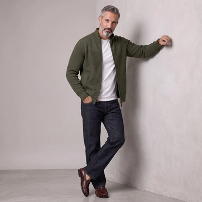 Men's Army Green Stand Collar Ribbed Knitted Full-Zip Cardigan