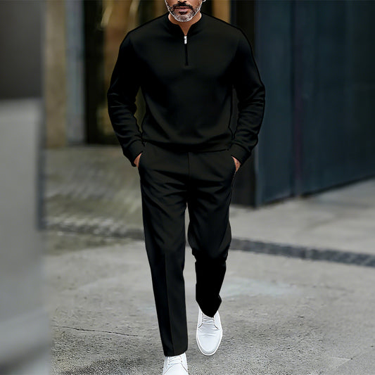 Men's Casual Solid Color Round-Neck Zipper Long Sleeved Trousers Two-Piece Set