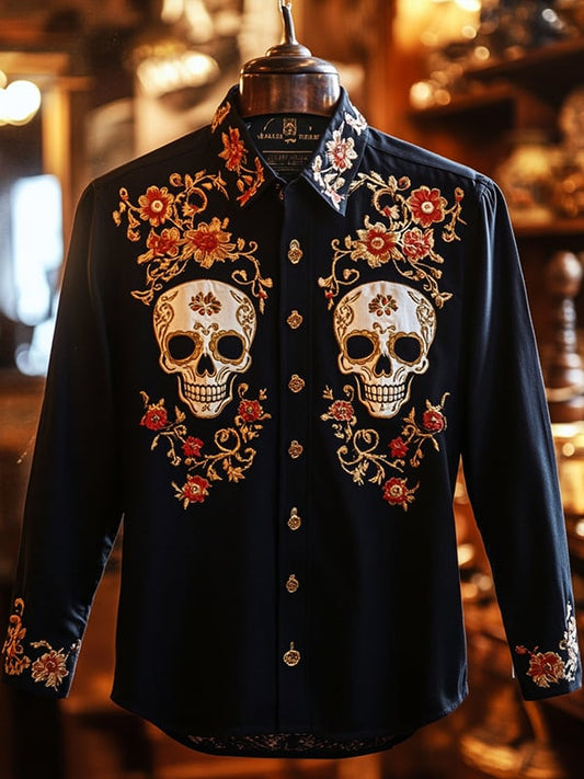 Men's Retro Casual Skull Print Long Sleeve Shirt