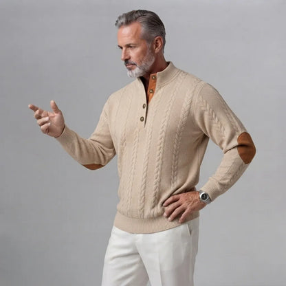 Men's Cable Knit Button Half Placket Stand Collar Patchwork Sweatshirt