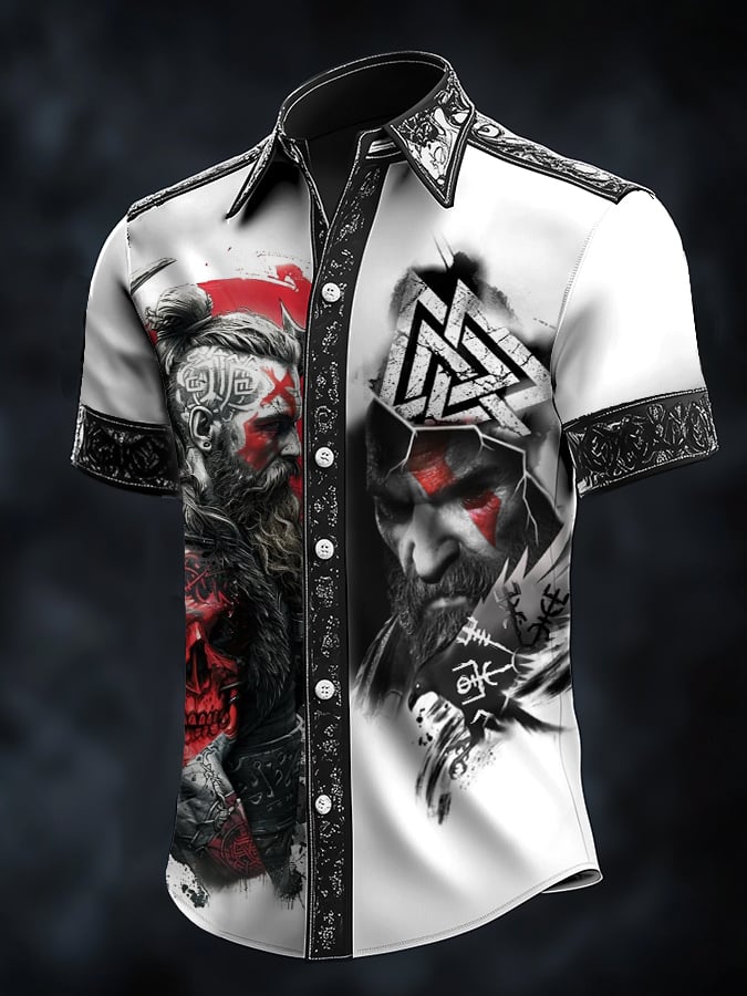 Men's casual vintage Viking portrait satin shirt
