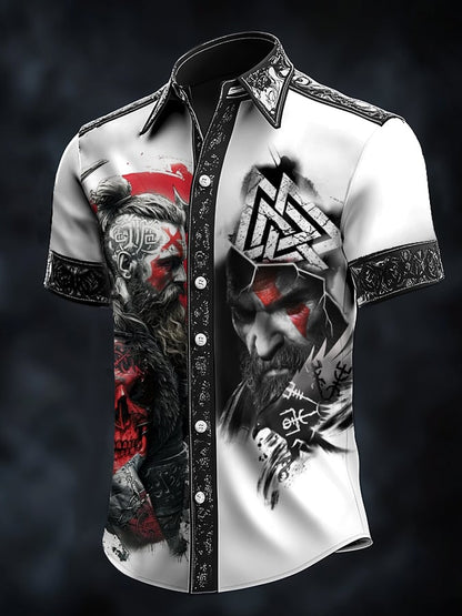 Men's casual vintage Viking portrait satin shirt