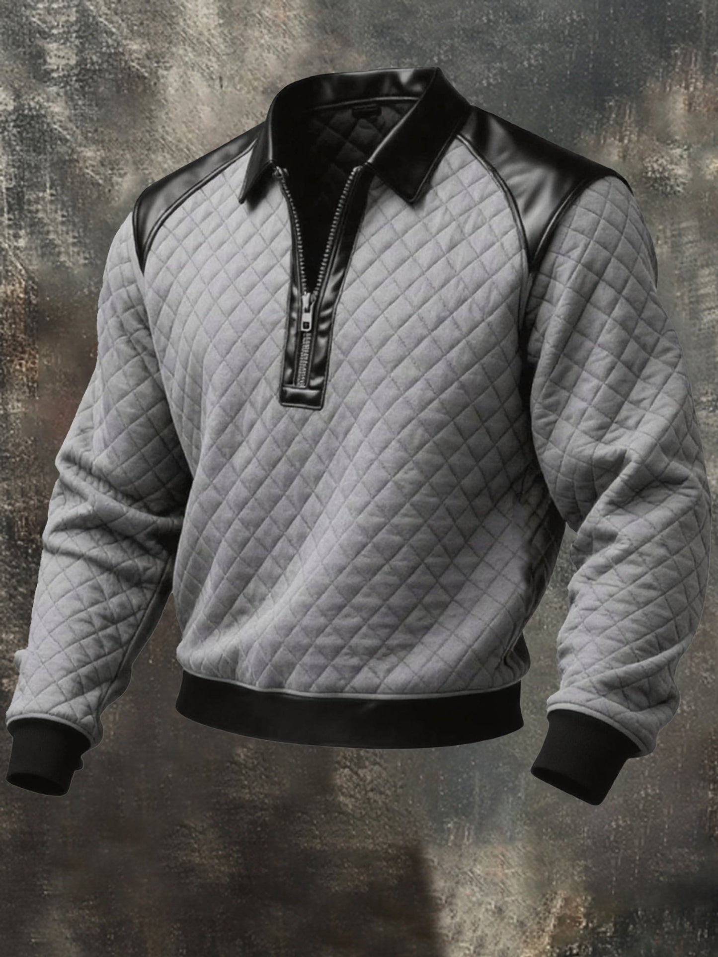 Men's Vintage-Style Textured Leather Paneling Comfortable Zip-Up Sweatshirt