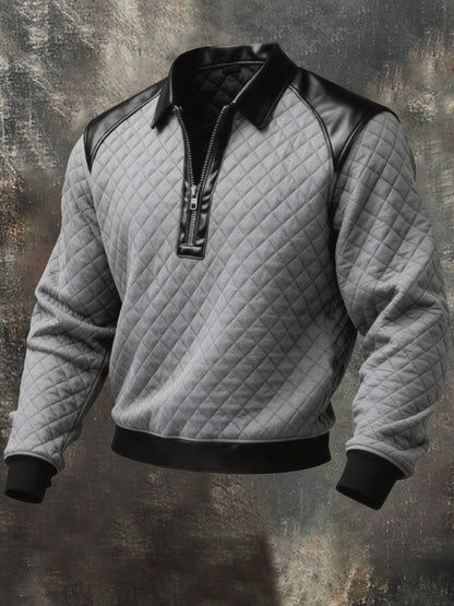 Men's Vintage-Style Textured Leather Paneling Comfortable Zip-Up Sweatshirt
