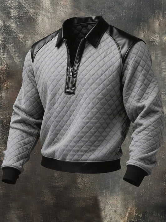Men's Vintage-Style Textured Leather Paneling Comfortable Zip-Up Sweatshirt