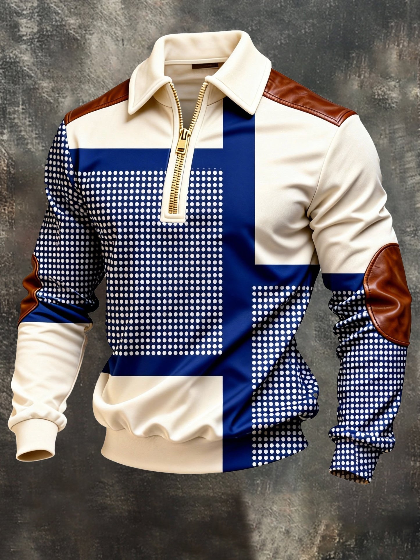 Men's Vintage Color-Block Printed Zip-Up Hoodie
