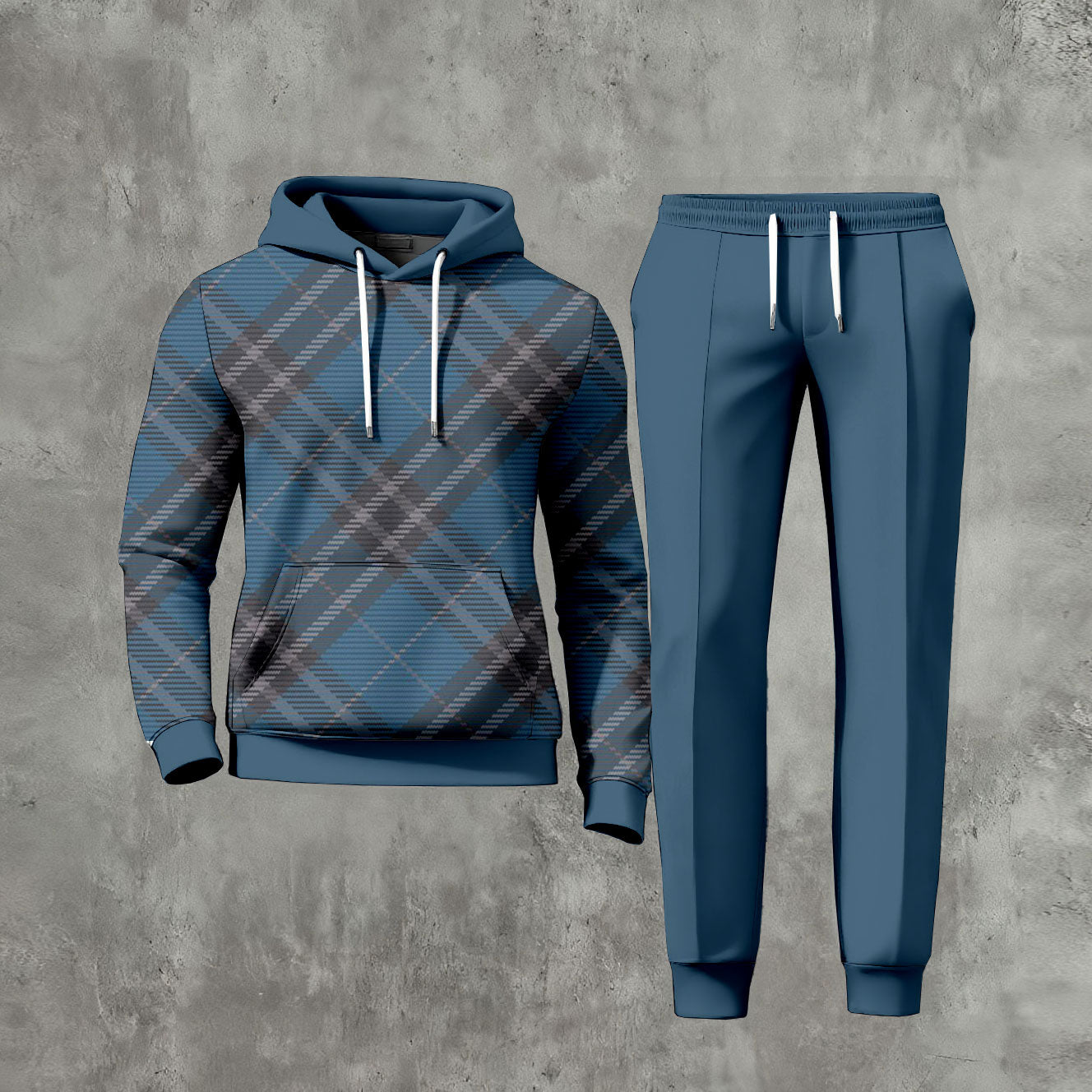 Men's Casual Blue Checked Printed Long-Sleeve Hoodies Sweatshirt & Trousers Two-Piece Set
