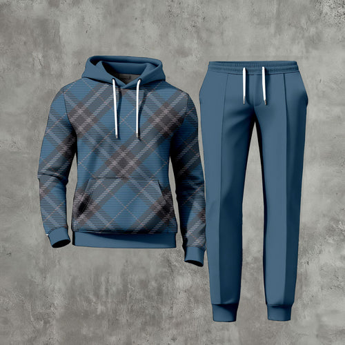 Men's Casual Blue Checked Printed Long-Sleeve Hoodies Sweatshirt & Trousers Two-Piece Set