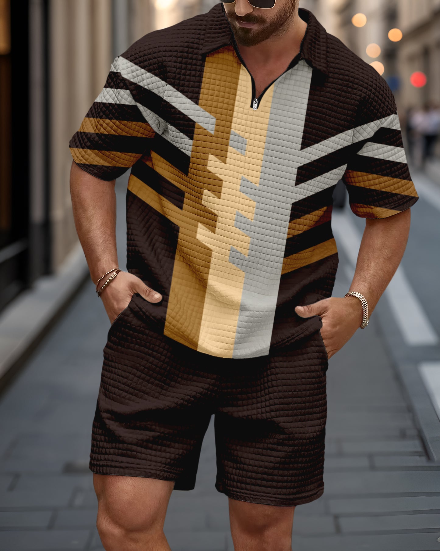 Men's Casual Art Print Waffle Texture Summer Polo Set 064