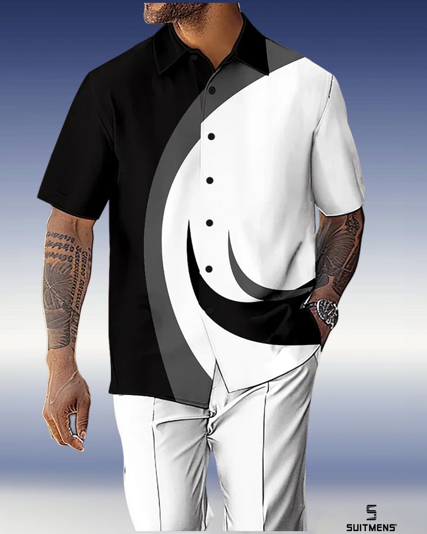 Men's Gorgeous Color Block Short Sleeve Shirt Walking Suit 1071