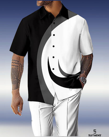 Men's Gorgeous Color Block Short Sleeve Shirt Walking Suit 1071