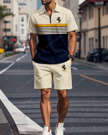 Men's Color Blocked Summer Polo Shorts Set 013