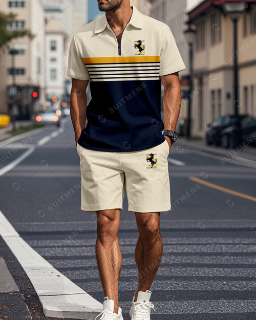 Men's Color Blocked Summer Polo Shorts Set 013