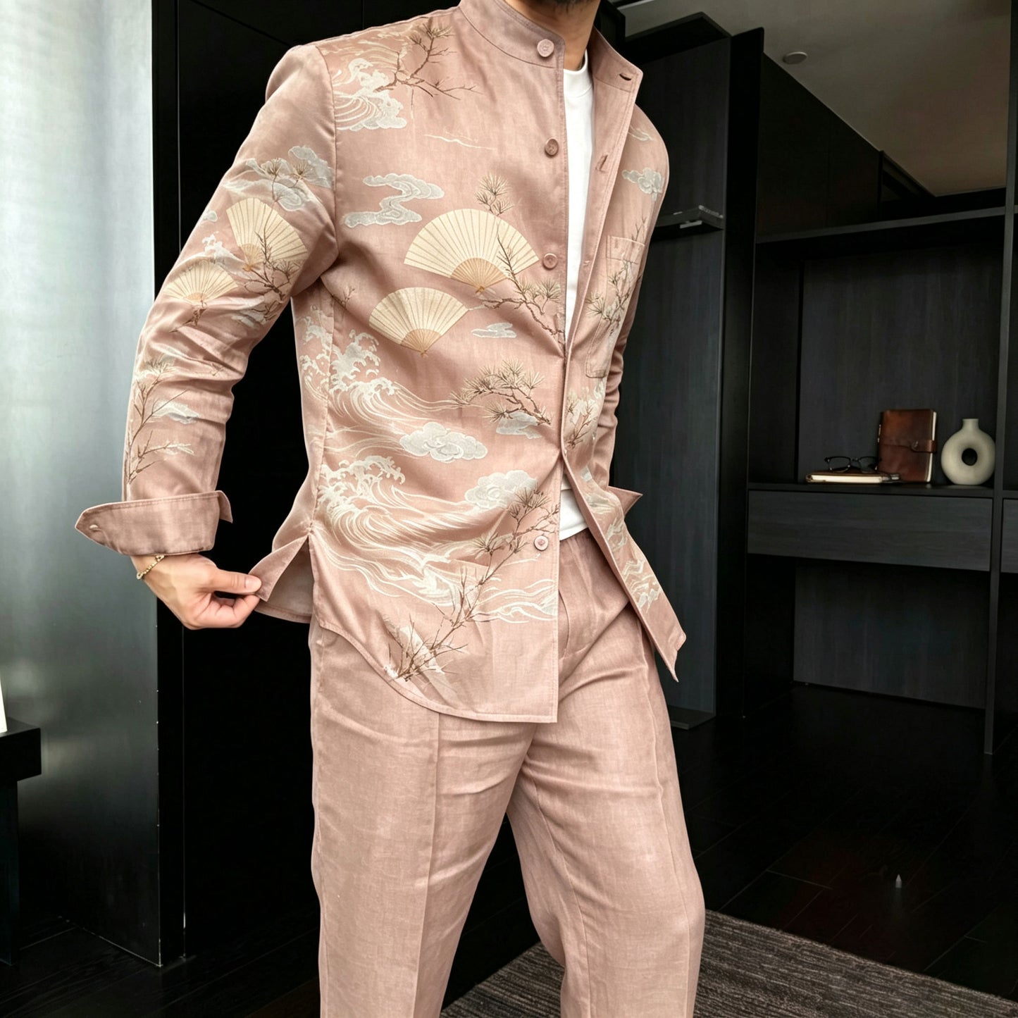 Men's Casual “Auspicious Clouds” and Folding Fan Print Stand-Collar Long-Sleeve Shirt and Pants Two-Piece Set