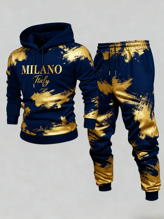 Men's Casual Navy Blue & Gold Color Matching Printed Hoodies Long Sleeved Sweatshirts & Sweatpants Two-Piece Set