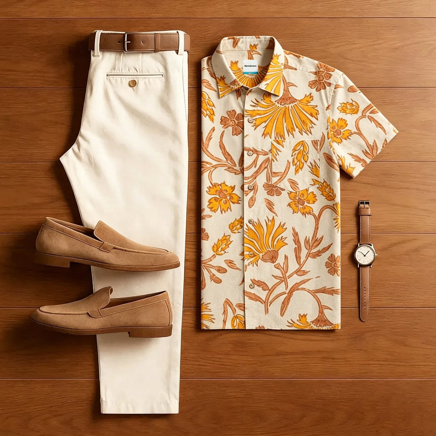 Vintage Yellow Flower Print Men Vacation Matching Outfit