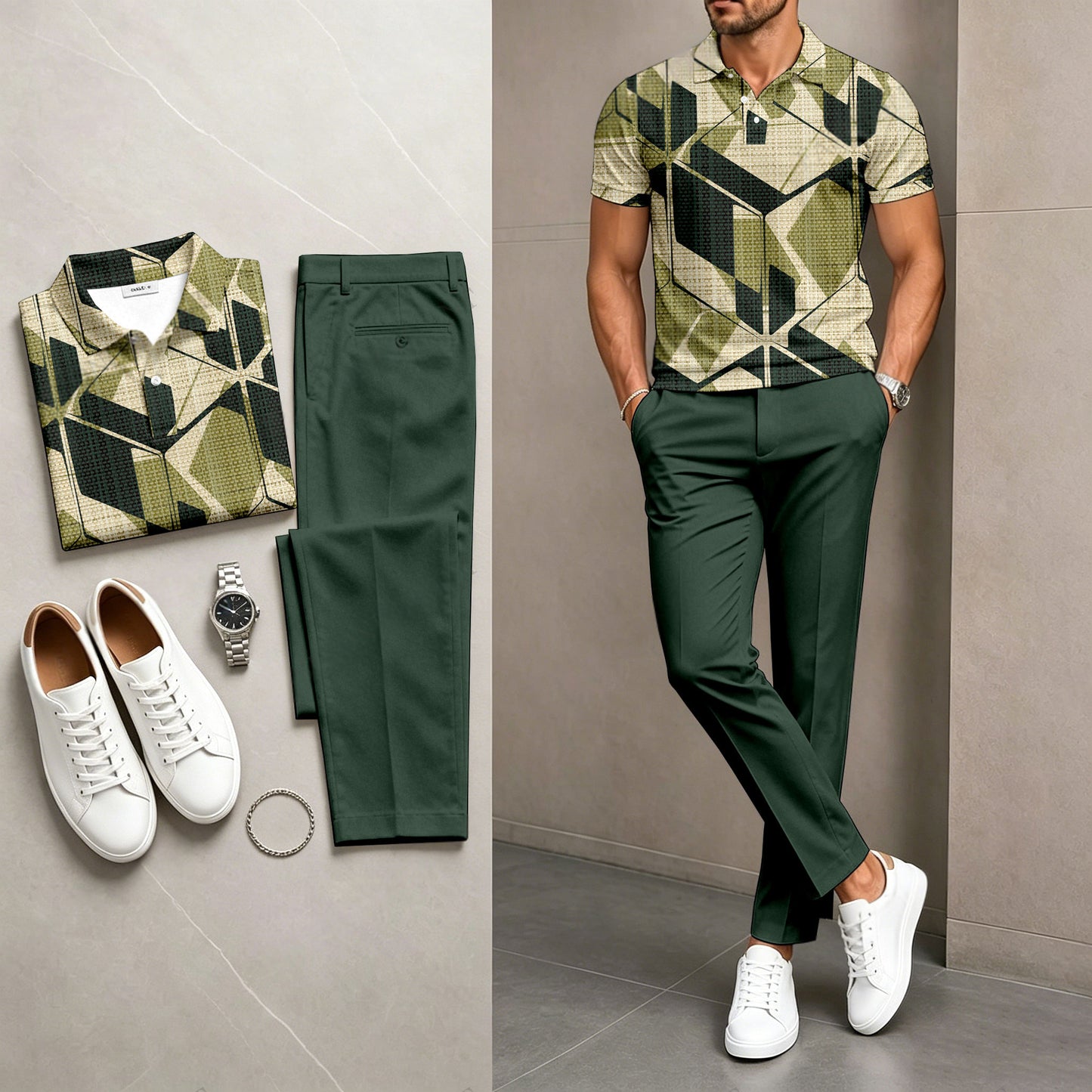 Men's Casual Green Printed Polo Shirt And Pants Two-Piece Set