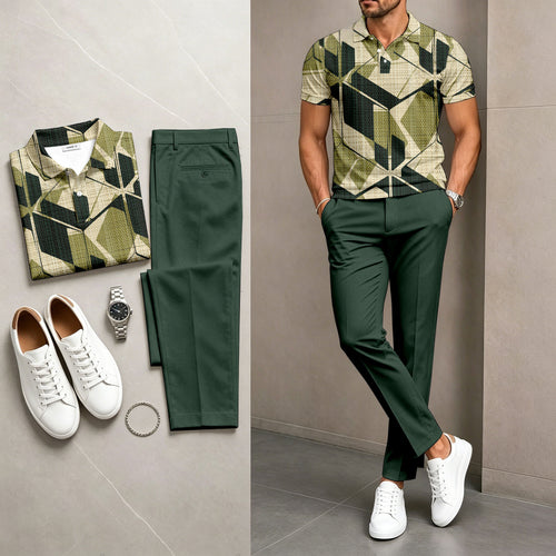 Men's Casual Green Printed Polo Shirt And Pants Two-Piece Set