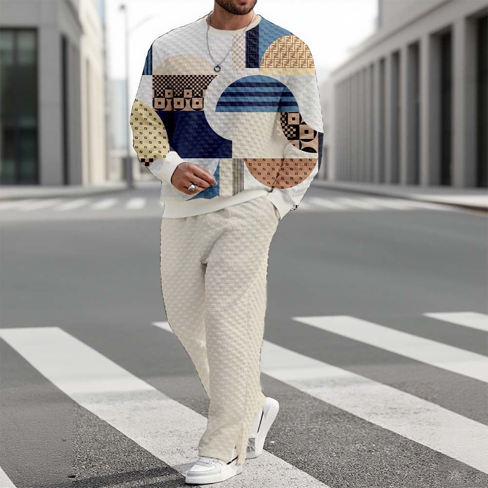 Men's Casual Round-Neck Color Matching Checked Printed Long-Sleeve Sweatshirt & Trousers Two-Piece Set