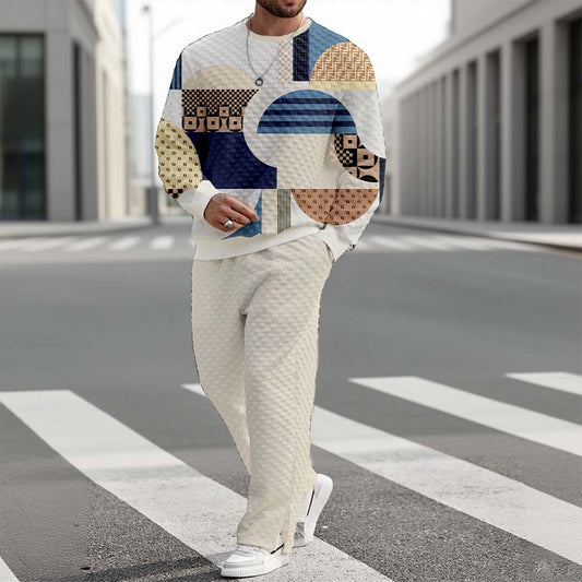 Men's Casual Round-Neck Color Matching Checked Printed Long-Sleeve Sweatshirt & Trousers Two-Piece Set