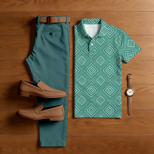 Men's Casual Green Color Matching Checkered Printed Short Sleeved Polo Shirt & Trousers Two-Piece Set