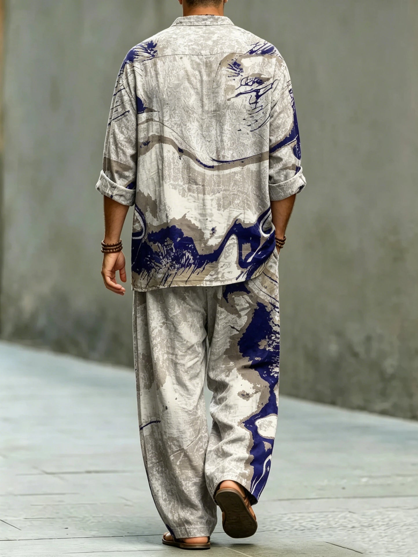 Men's Fashionable Abstract Art Print Cotton Shirt Set