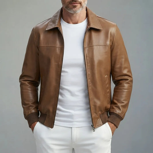 Men's Plain PU Leather Turndown Collar Slant Pockets Slim Zip-Up Bomber Jacket
