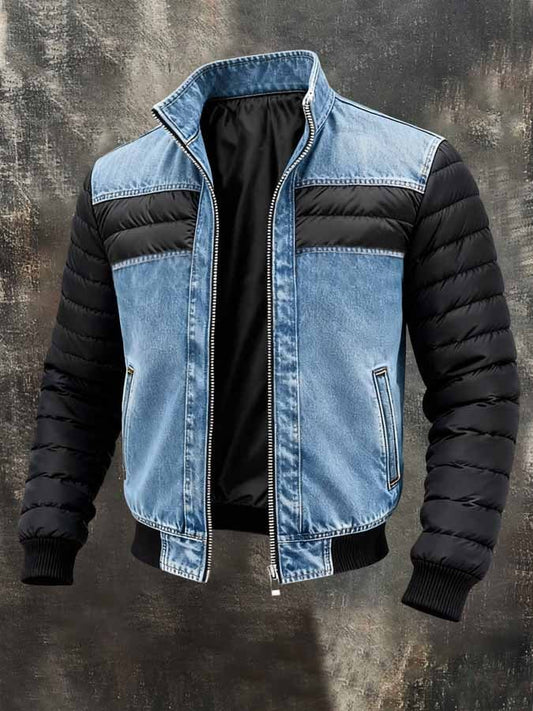 Men's Vintage Washed Denim-Panelled Outdoor Down Jacket