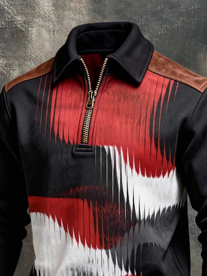 Men's Retro Color Block Print Color-Blocked Zip-Up Sweatshirt
