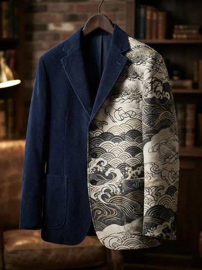 Men's Color-blocked Ukiyo-e Wave Pattern Patchwork Print Suit Jacket