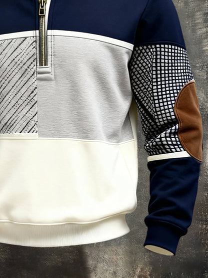 Men's Retro Color Block Print Color-Blocked Zip-Up Sweatshirt