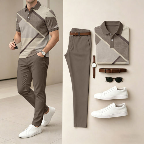 Men's Casual Brown Geometry Printed Polo Shirt And Pants Two-Piece Set