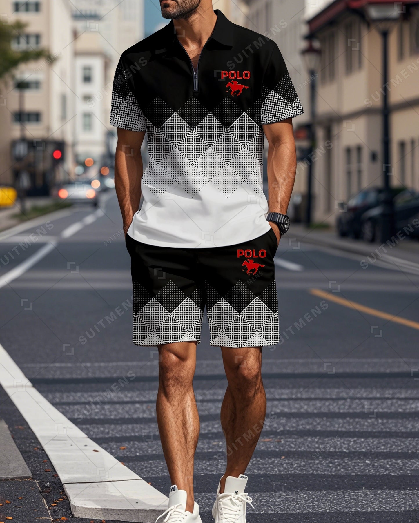 Men's Color Blocked Summer Polo Shorts Set 05