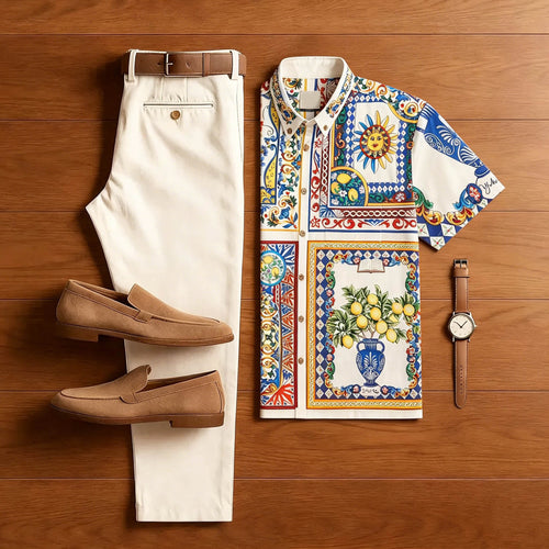 Men Mediterranean Lemon Tile Print Vacation Shirt & Beige Trousers Two Piece Set