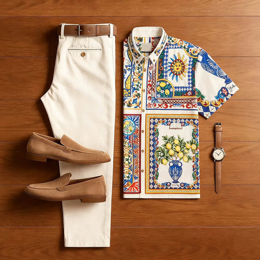 Men Mediterranean Lemon Tile Print Vacation Shirt & Beige Trousers Two Piece Set