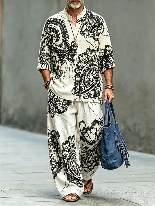 Men's Retro Abstract Print Casual Linen Top And Pants Two-piece Set
