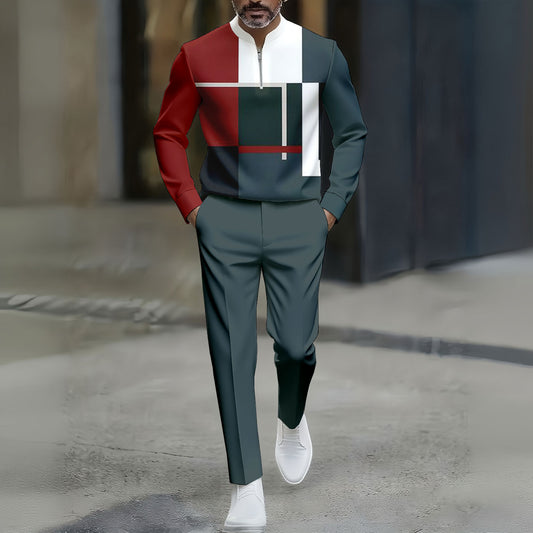 Men's Casual Red & Green Color Matching Asymmetric Checked Printed Round-Neck Zipper Long Sleeved Trousers Two-Piece Set