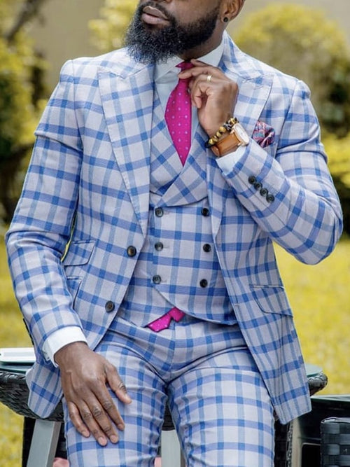 Men's Casual Plaid Single Breasted Peaked Lapel Slim Fit Blazer
