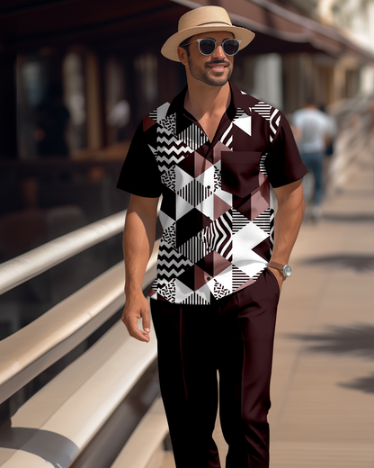 Men's retro colorblock short-sleeved shirt walking Suit 1702