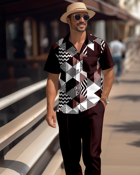 Men's retro colorblock short-sleeved shirt walking Suit 1702