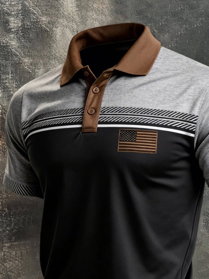 Men's Retro Patriot Color Block Polo Collar Short Sleeve